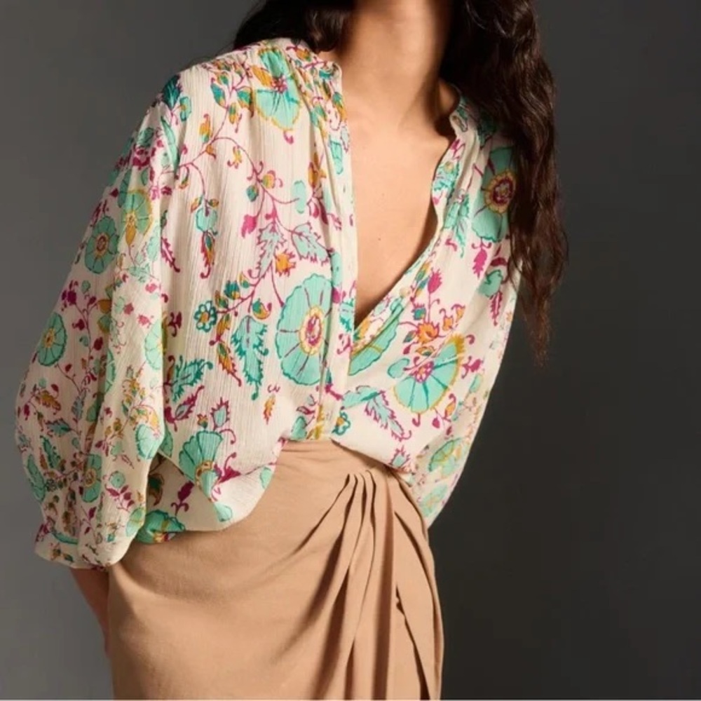 Pilcro Cream and Green Blouse with Mandarin Collar and Flutter Sleeves